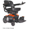 A compact and lightweight Go Chair electric wheelchair in a sleek black frame with a padded seat and adjustable armrests, featuring dual under-seat storage compartments.