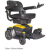 A compact and lightweight Go Chair electric wheelchair in a sleek black frame with a padded seat and adjustable armrests, featuring dual under-seat storage compartments.