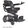 A compact and lightweight Go Chair electric wheelchair in a sleek black frame with a padded seat and adjustable armrests, featuring dual under-seat storage compartments.