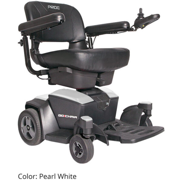 A compact and lightweight Go Chair electric wheelchair in a sleek black frame with a padded seat and adjustable armrests, featuring dual under-seat storage compartments.