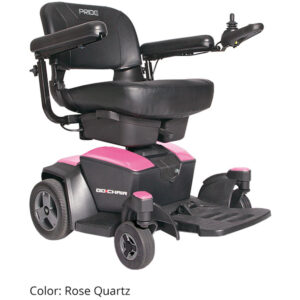 A compact and lightweight Go Chair electric wheelchair in a sleek black frame with a padded seat and adjustable armrests, featuring dual under-seat storage compartments.
