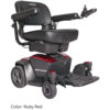 A compact and lightweight Go Chair electric wheelchair in a sleek black frame with a padded seat and adjustable armrests, featuring dual under-seat storage compartments.