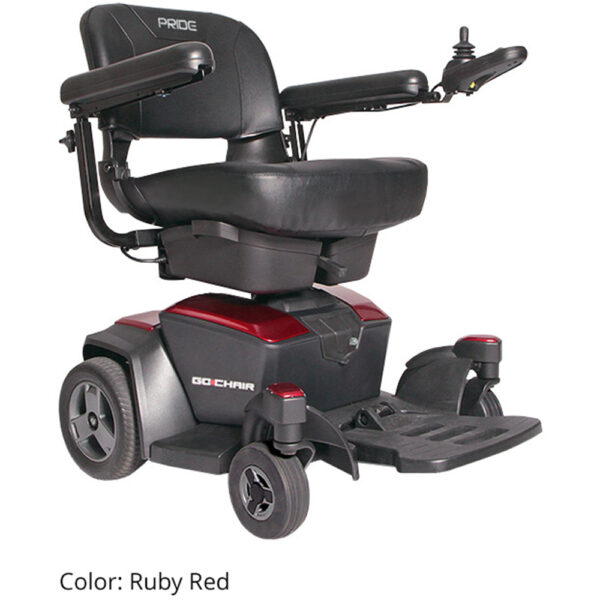 A compact and lightweight Go Chair electric wheelchair in a sleek black frame with a padded seat and adjustable armrests, featuring dual under-seat storage compartments.