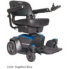 A compact and lightweight Go Chair electric wheelchair in a sleek black frame with a padded seat and adjustable armrests, featuring dual under-seat storage compartments.