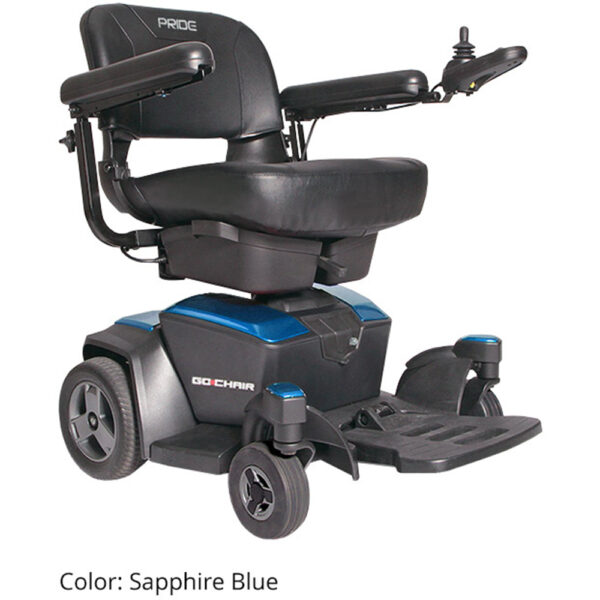 A compact and lightweight Go Chair electric wheelchair in a sleek black frame with a padded seat and adjustable armrests, featuring dual under-seat storage compartments.