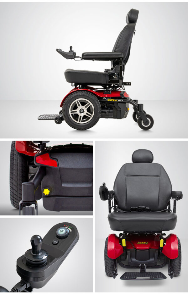 Jazzy Elite HD power wheelchair with large 14-inch flat-free tires and padded high-back seat.