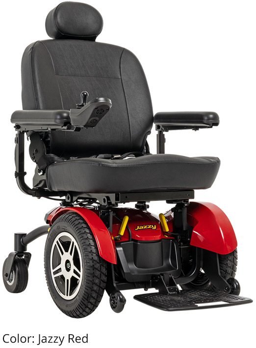 Jazzy Elite HD power wheelchair with large 14-inch flat-free tires and padded high-back seat.