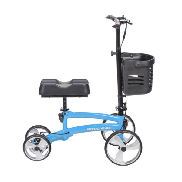 Nitro Glide Knee Walker (Model 791) featuring a lightweight aluminum frame, adjustable handle height, ergonomic knee pad, and large wheels for smooth mobility during injury recovery.