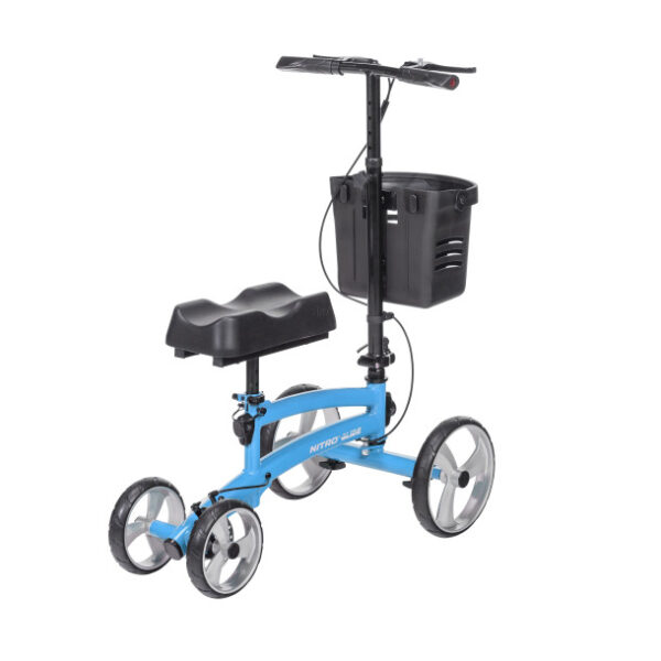 Nitro Glide Knee Walker (Model 791) featuring a lightweight aluminum frame, adjustable handle height, ergonomic knee pad, and large wheels for smooth mobility during injury recovery.