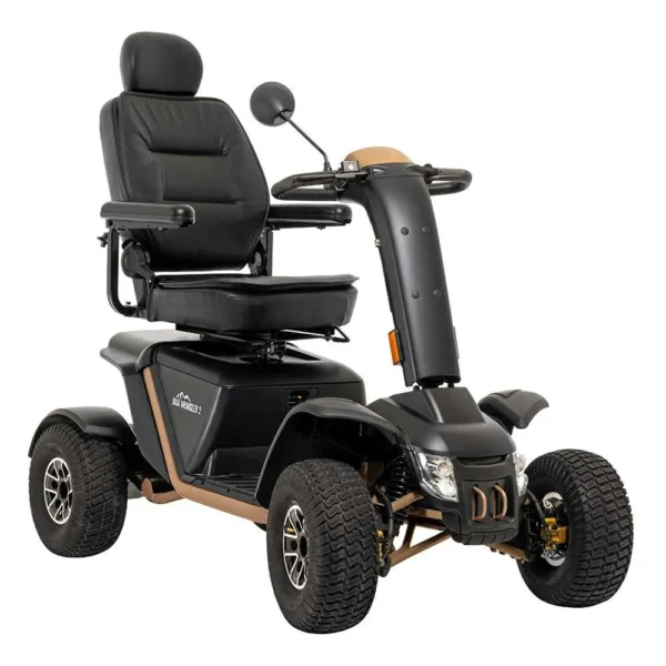 Baja Wrangler 2 all-terrain mobility scooter with large wheels, a padded captain’s seat, and high ground clearance, designed for outdoor use and rugged terrain.