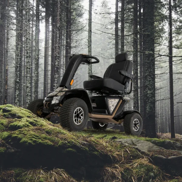 Baja Wrangler 2 all-terrain mobility scooter with large wheels, a padded captain’s seat, and high ground clearance, designed for outdoor use and rugged terrain.