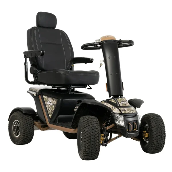 Baja Wrangler 2 all-terrain mobility scooter with large wheels, a padded captain’s seat, and high ground clearance, designed for outdoor use and rugged terrain.
