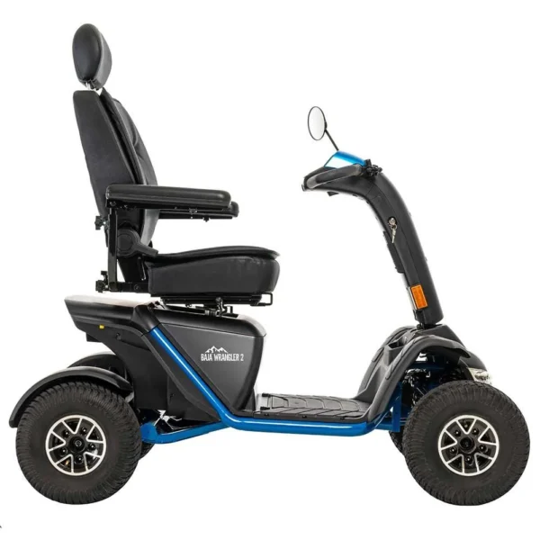 Baja Wrangler 2 all-terrain mobility scooter with large wheels, a padded captain’s seat, and high ground clearance, designed for outdoor use and rugged terrain.