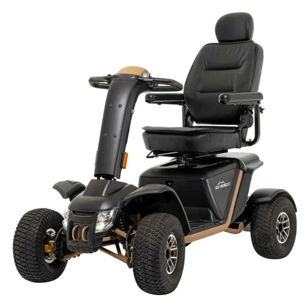 Baja Wrangler 2 all-terrain mobility scooter with large wheels, a padded captain’s seat, and high ground clearance, designed for outdoor use and rugged terrain.