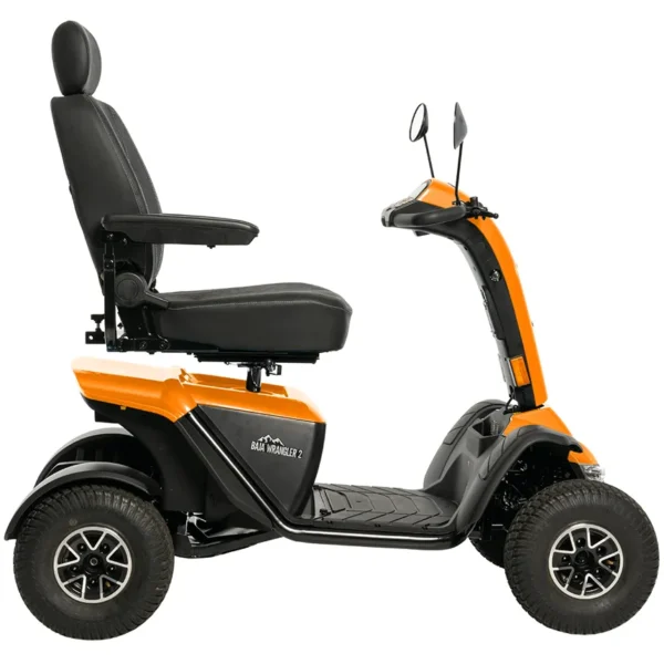 Baja Wrangler 2 all-terrain mobility scooter with large wheels, a padded captain’s seat, and high ground clearance, designed for outdoor use and rugged terrain.