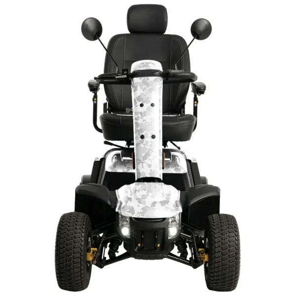 Baja Wrangler 2 all-terrain mobility scooter with large wheels, a padded captain’s seat, and high ground clearance, designed for outdoor use and rugged terrain.