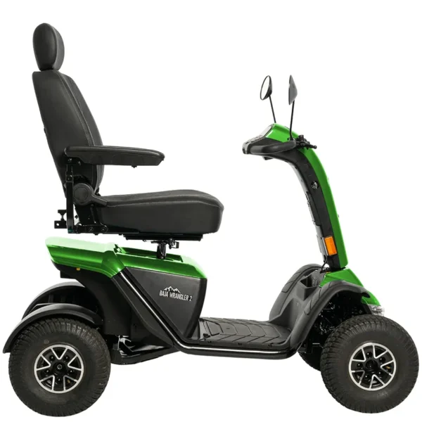 Baja Wrangler 2 all-terrain mobility scooter with large wheels, a padded captain’s seat, and high ground clearance, designed for outdoor use and rugged terrain.
