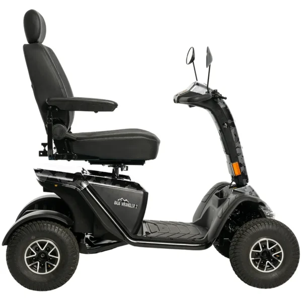 Baja Wrangler 2 all-terrain mobility scooter with large wheels, a padded captain’s seat, and high ground clearance, designed for outdoor use and rugged terrain.