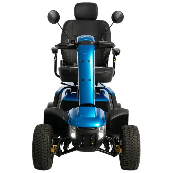 Baja Wrangler 2 all-terrain mobility scooter with large wheels, a padded captain’s seat, and high ground clearance, designed for outdoor use and rugged terrain.
