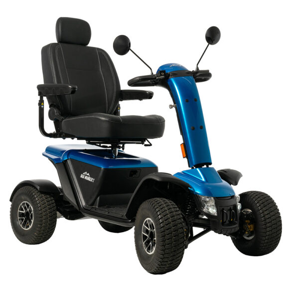 Baja Wrangler 2 all-terrain mobility scooter with large wheels, a padded captain’s seat, and high ground clearance, designed for outdoor use and rugged terrain.