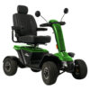 baja-wrangler-2-green Baja Wrangler 2 all-terrain mobility scooter with large wheels, a padded captain’s seat, and high ground clearance, designed for outdoor use and rugged terrain.