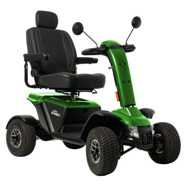 Baja Wrangler 2 all-terrain mobility scooter with large wheels, a padded captain’s seat, and high ground clearance, designed for outdoor use and rugged terrain.