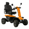baja-wrangler-2-orange Baja Wrangler 2 all-terrain mobility scooter with large wheels, a padded captain’s seat, and high ground clearance, designed for outdoor use and rugged terrain.