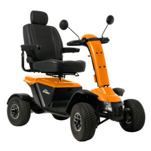 Baja Wrangler 2 all-terrain mobility scooter with large wheels, a padded captain’s seat, and high ground clearance, designed for outdoor use and rugged terrain.