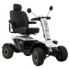 baja-wrangler-2-white-camo Baja Wrangler 2 all-terrain mobility scooter with large wheels, a padded captain’s seat, and high ground clearance, designed for outdoor use and rugged terrain.