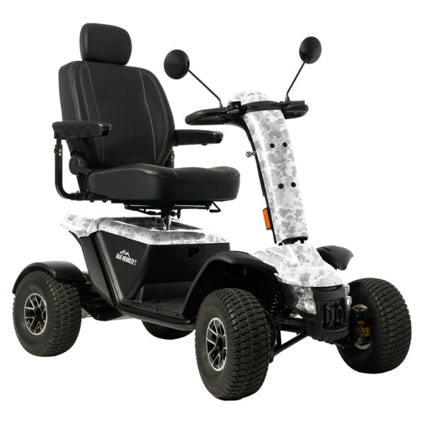 Baja Wrangler 2 all-terrain mobility scooter with large wheels, a padded captain’s seat, and high ground clearance, designed for outdoor use and rugged terrain.