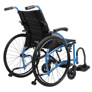 A lightweight, foldable wheelchair with ergonomic posture support, featuring 24-inch rear wheels, flip-back armrests, and swing-away footrests for easy transport and comfort.