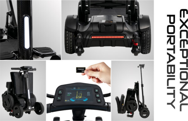 GoGo Carbon lightweight folding scooter featuring a sleek carbon fiber frame, designed for easy portability and compact storage, ideal for daily mobility needs.