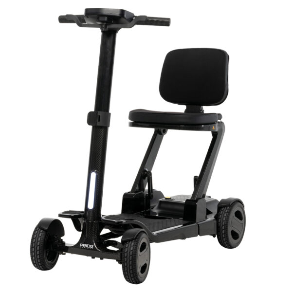 Go Go Carbon Mobility Scooter by Pride Mobility with a carbon fiber frame, vibrant display, and quick-folding design.