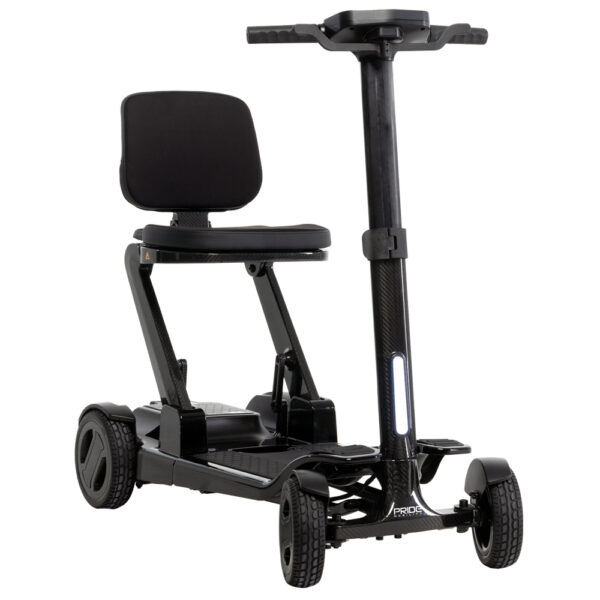 Go Go Carbon Mobility Scooter by Pride Mobility with a carbon fiber frame, vibrant display, and quick-folding design.