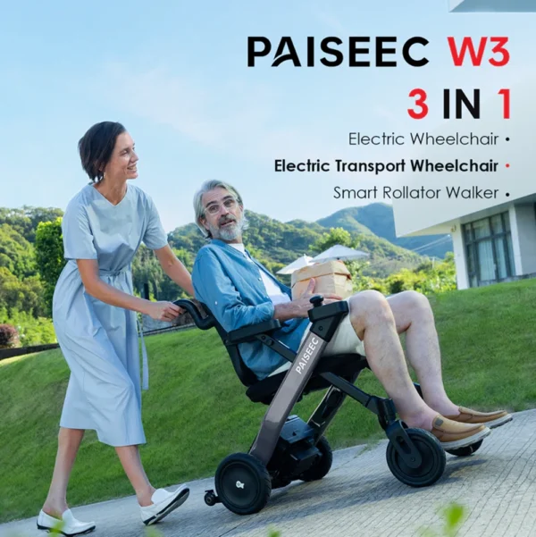 A lightweight, foldable electric wheelchair with dual 180W motors, 8-inch front wheels, 9-inch rear pneumatic wheels, and a sleek design for versatile indoor and outdoor use.