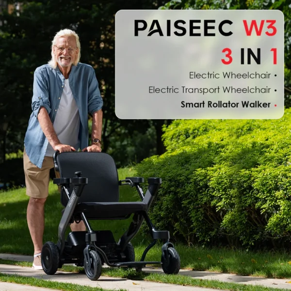 A lightweight, foldable electric wheelchair with dual 180W motors, 8-inch front wheels, 9-inch rear pneumatic wheels, and a sleek design for versatile indoor and outdoor use.