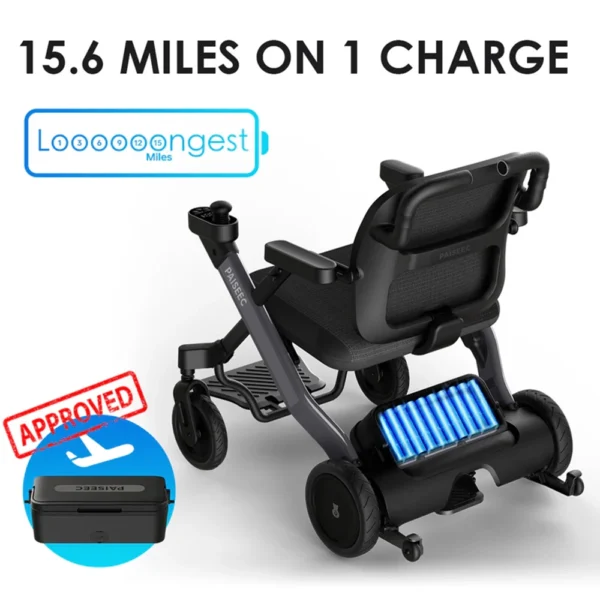 A lightweight, foldable electric wheelchair with dual 180W motors, 8-inch front wheels, 9-inch rear pneumatic wheels, and a sleek design for versatile indoor and outdoor use.