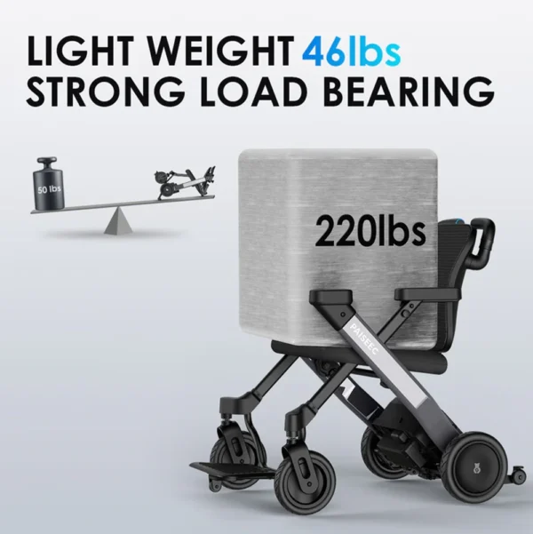 A lightweight, foldable electric wheelchair with dual 180W motors, 8-inch front wheels, 9-inch rear pneumatic wheels, and a sleek design for versatile indoor and outdoor use.