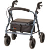 Nova Zoom 18 Rollator with 8-inch wheels, padded seat, adjustable handles, and a compact folding design, ideal for shorter users seeking reliable indoor and outdoor mobility.