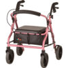 Nova Zoom 18 Rollator with 8-inch wheels, padded seat, adjustable handles, and a compact folding design, ideal for shorter users seeking reliable indoor and outdoor mobility.