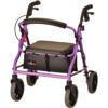 Nova Zoom 18 Rollator with 8-inch wheels, padded seat, adjustable handles, and a compact folding design, ideal for shorter users seeking reliable indoor and outdoor mobility.