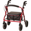 Nova Zoom 18 Rollator with 8-inch wheels, padded seat, adjustable handles, and a compact folding design, ideal for shorter users seeking reliable indoor and outdoor mobility.