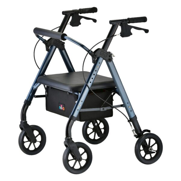 Nova STAR HD Rollator with a heavy-duty frame, padded seat, ergonomic handles, and 8-inch wheels, designed for indoor and outdoor mobility support.