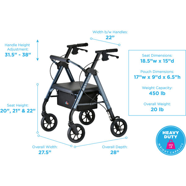 Nova STAR HD Rollator with a heavy-duty frame, padded seat, ergonomic handles, and 8-inch wheels, designed for indoor and outdoor mobility support.