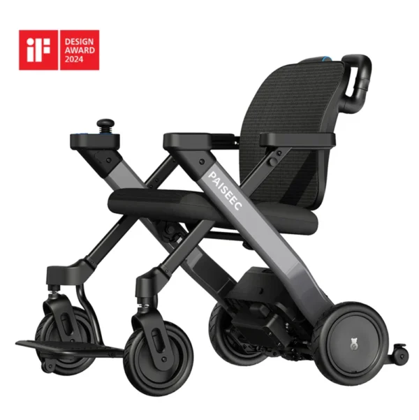 A lightweight, foldable electric wheelchair with dual 180W motors, 8-inch front wheels, 9-inch rear pneumatic wheels, and a sleek design for versatile indoor and outdoor use.