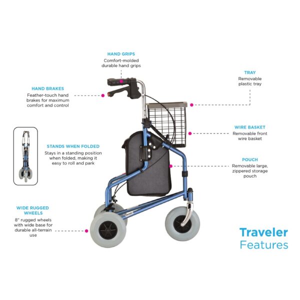 Nova Traveler 3-Wheel Walker with 8-inch wheels, adjustable handles, and built-in storage, designed for lightweight and agile indoor and outdoor mobility.