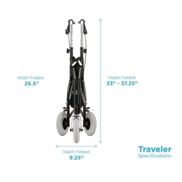 Nova Traveler 3-Wheel Walker with 8-inch wheels, adjustable handles, and built-in storage, designed for lightweight and agile indoor and outdoor mobility.