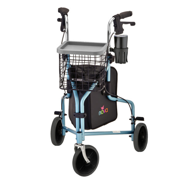 Nova Traveler 3-Wheel Walker with 8-inch wheels, adjustable handles, and built-in storage, designed for lightweight and agile indoor and outdoor mobility.