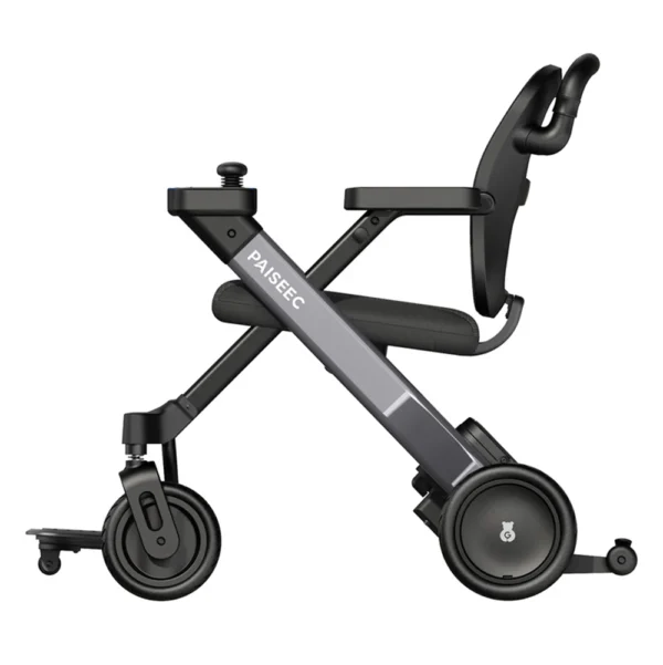 A lightweight, foldable electric wheelchair with dual 180W motors, 8-inch front wheels, 9-inch rear pneumatic wheels, and a sleek design for versatile indoor and outdoor use.