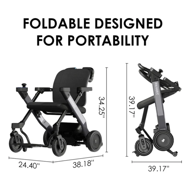 A lightweight, foldable electric wheelchair with dual 180W motors, 8-inch front wheels, 9-inch rear pneumatic wheels, and a sleek design for versatile indoor and outdoor use.